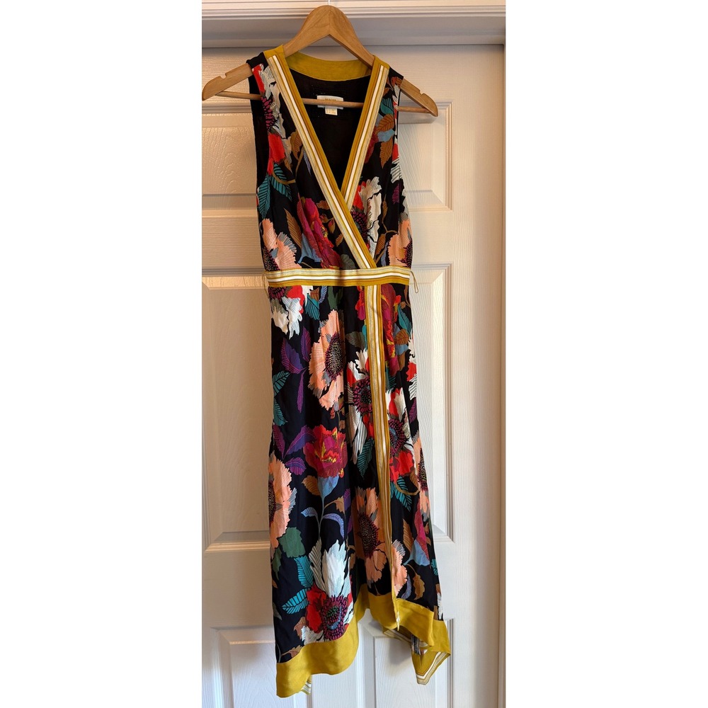 Maeve Anthropologie Dress Women 0 Black Floral Handkerchief Hem Sleeveless Midi